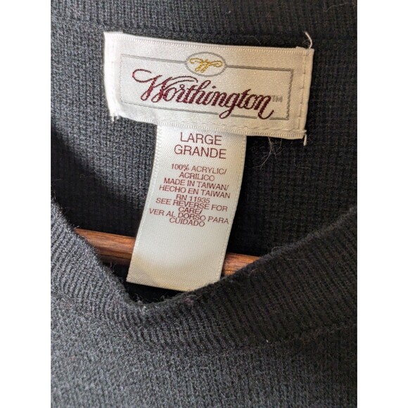 Vintage Worthington Black White Knit Sweater Size Large Fleur Trim Cozy Winter - Picture 5 of 8